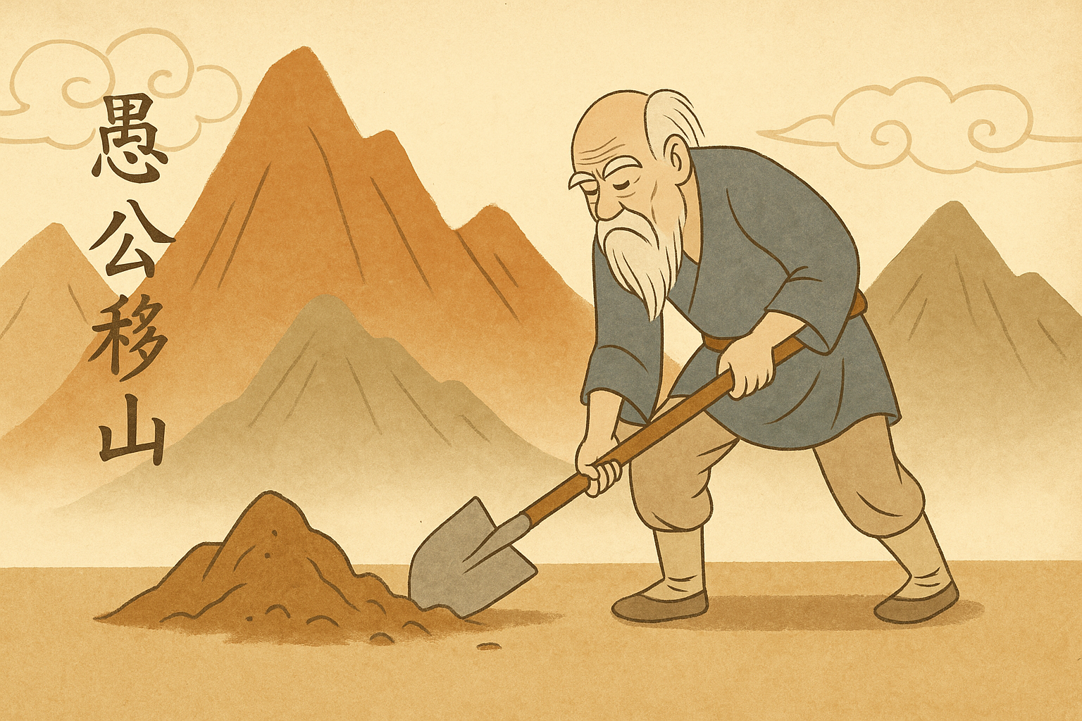 An illustration for the saying "the foolish old man moves the mountain".