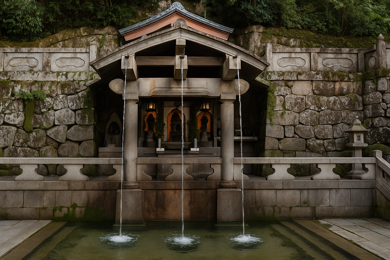 An AI generated image of the three streams from the Otowa waterfall