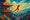 An abstract painting of a person leaping from Kiyomizu-dera Temple’s stage in Kyoto, with bold orange and blue tones and a swirling sky evoking motion and faith.